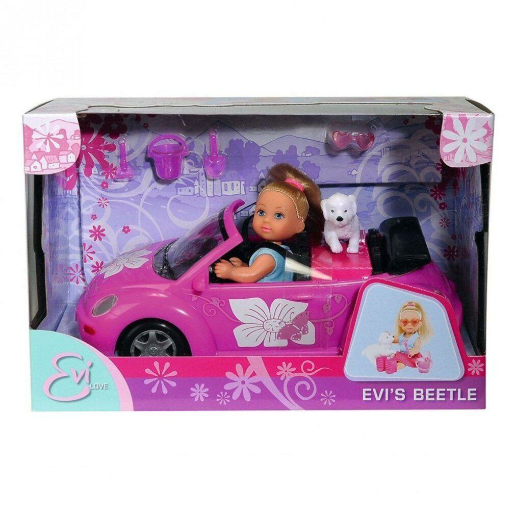 Verpackung mit rosa Spielzeugauto, Puppe und Hund. Evi Love EL Evi's Beetle. Puppe sitzt im Auto.