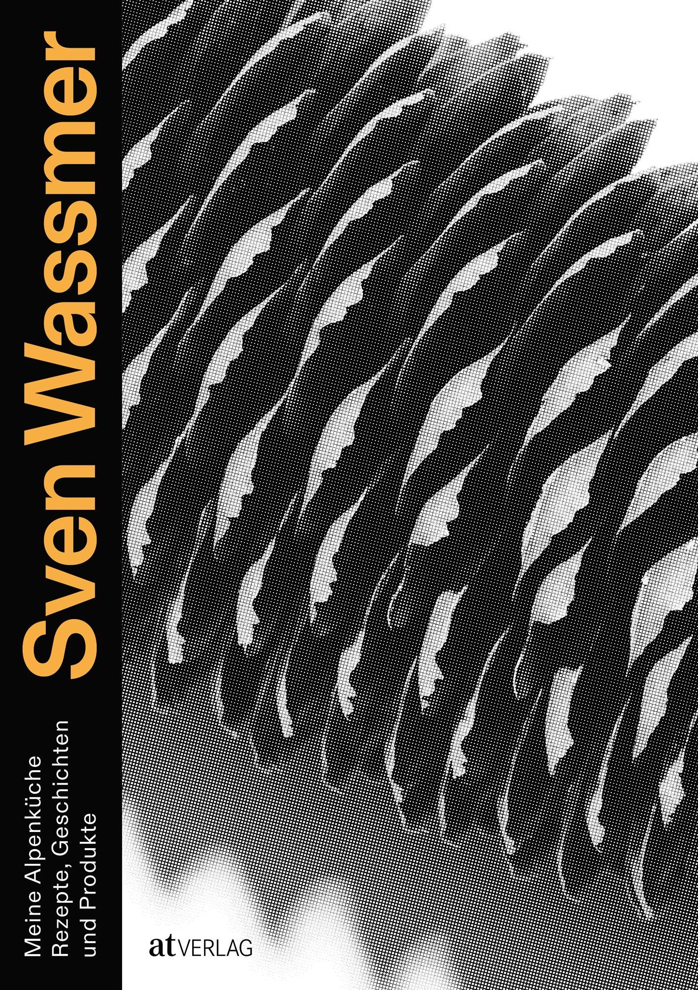 Buchcover mit dem Titel "Meine Alpenküche". Der Autor ist Sven Wassmer. Das Cover zeigt ein abstraktes Muster in Schwarzweiß.