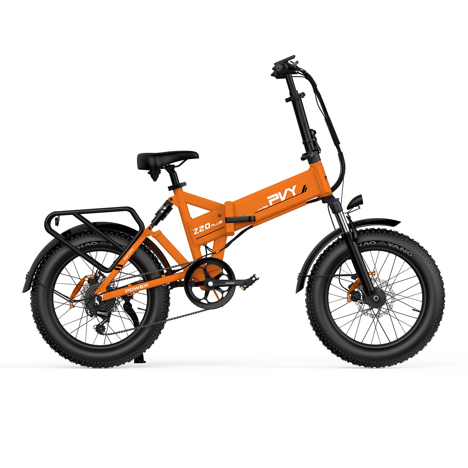 Orangefarbenes E-Bike mit schwarzen Reifen und Gepäckträger. Auf dem Rahmen steht PVY Z20 Plus.