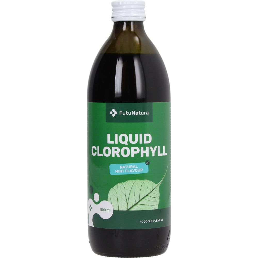 Grüne Glasflasche mit weißem Deckel. Etikett mit FutuNatura, Liquid Chlorophyll, Natural Mint Flavour und Blatt-Grafik.