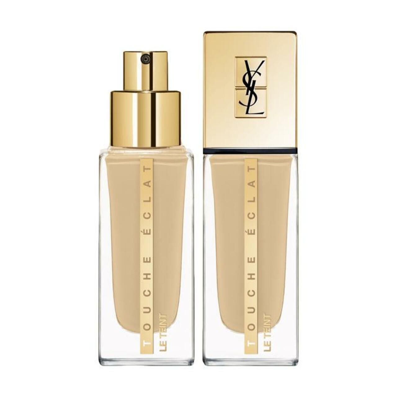 Zwei Flakons, Yves Saint Laurent Touche Éclat Le Teint. Goldfarbene Deckel, transparente Behälter. Schwarzer Schriftzug: Touche Éclat Le Teint.
