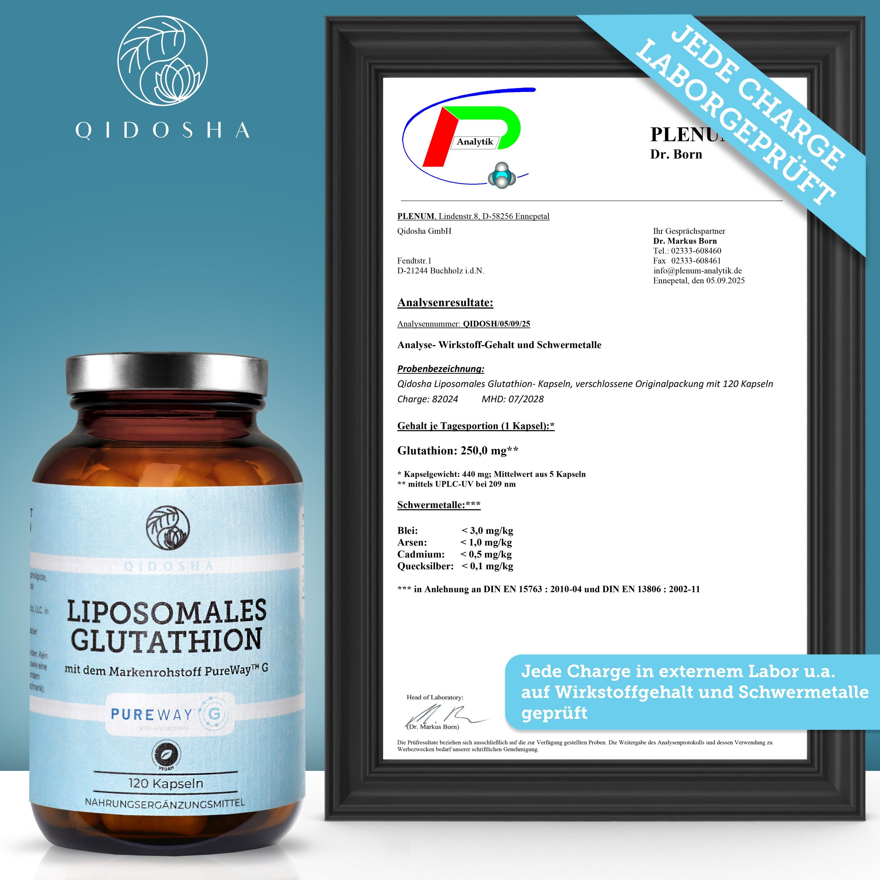 Flasche mit Liposomalem Glutathion Kapseln, Laborbericht und Siegel.