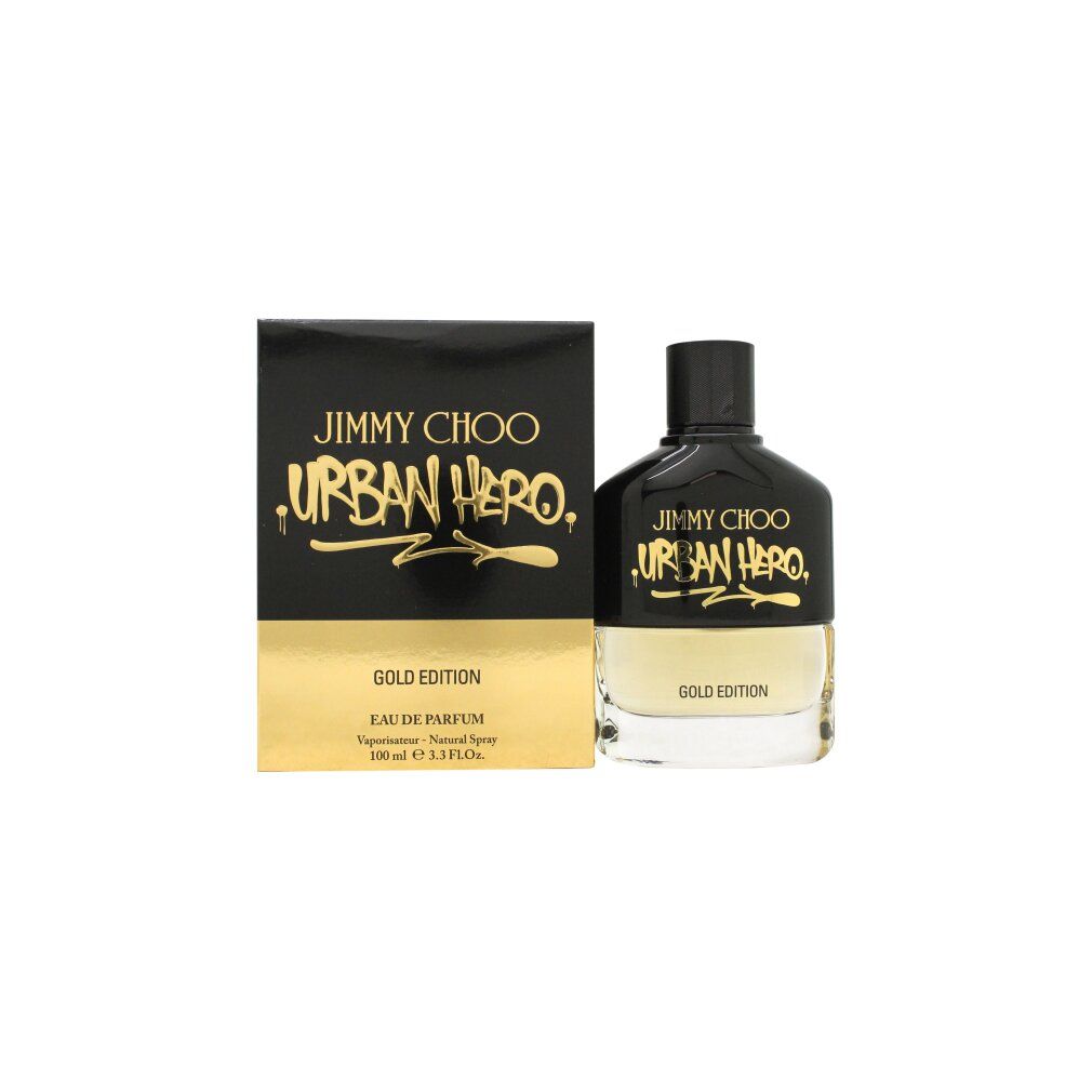Schwarzer Flakon mit goldfarbenem Inhalt und schwarzem Deckel. Goldene Schriftzüge: Jimmy Choo, Urban Hero, Gold Edition. Karton daneben.