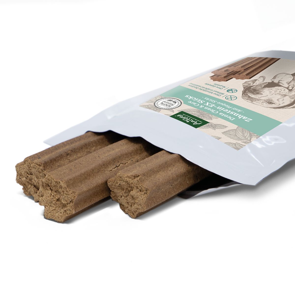 Mehrere braune Sticks aus einer geöffneten weißen Verpackung. Auf der Verpackung ist der Produktname und ein Logo abgebildet.