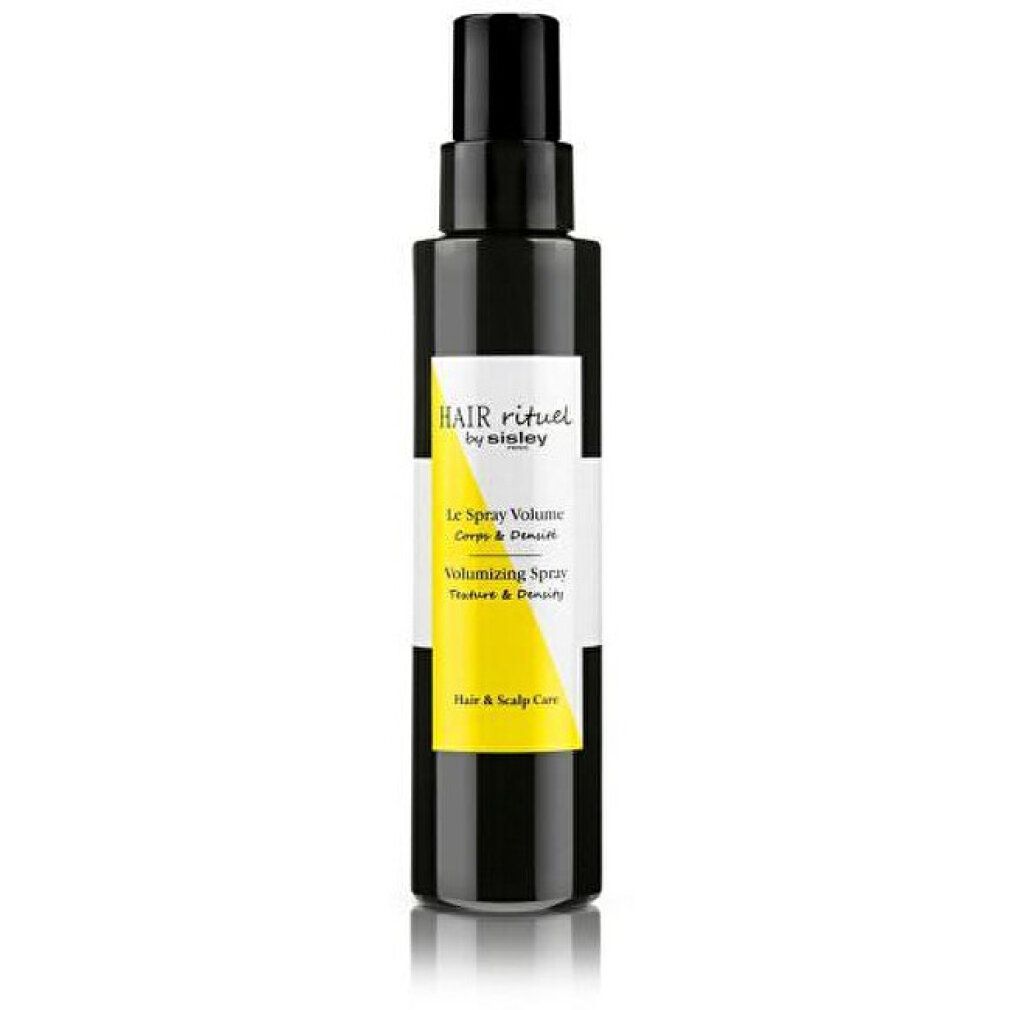 Schwarze Sprühflasche mit gelbem Etikett. Beschriftung: Hair Rituel by Sisley, Le Spray Volume, Volumizing Spray, Hair & Scalp Care.