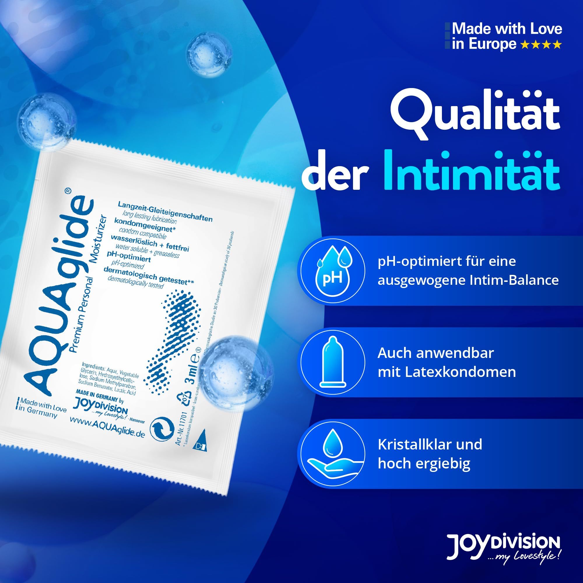 Joydivision AQUAglide Premium Gleitgel Einzelbeutel mit Icons für pH-Optimierung und Kondomverträglichkeit.
