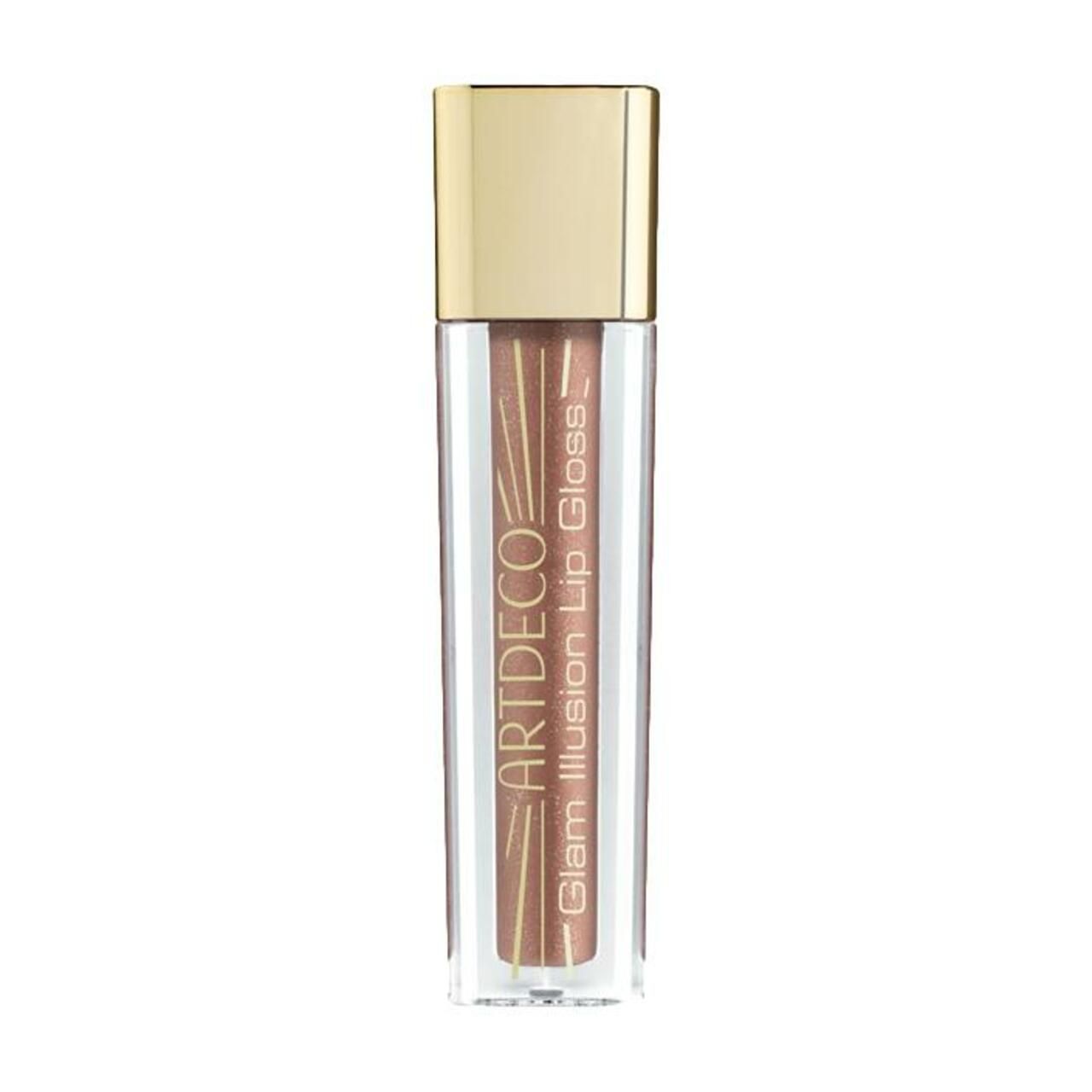 Artdeco Glam Illusion Lip Gloss. Transparente Tube mit goldenem Deckel. Produktname und Logo auf der Vorderseite.