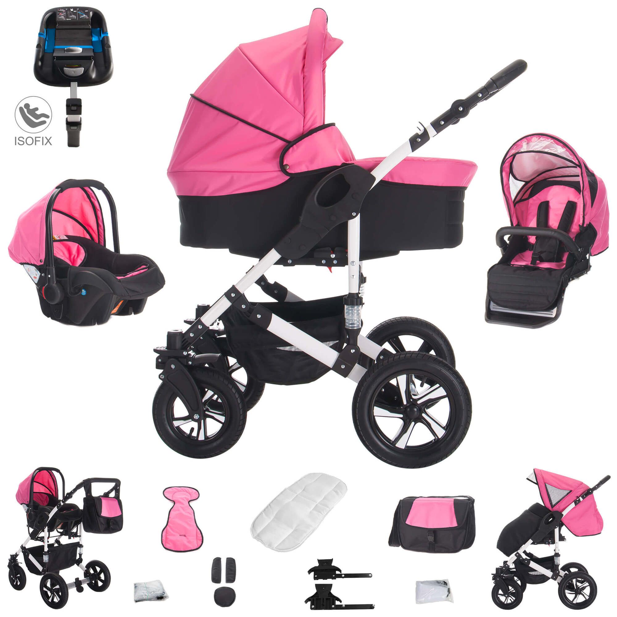 Bebebi Florida 4 in 1 Kinderwagen & Isofix Luftreifen, Flopink