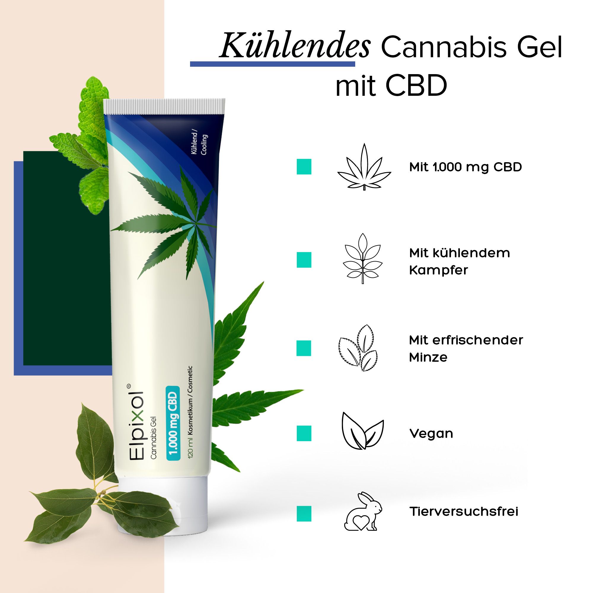 Tube mit "Elpixol Cannabis Gel 1.000 mg CBD". Grafiken zeigen Inhaltsstoffe und Eigenschaften: 1000 mg CBD, kühlend, Minze, vegan, tierversuchsfrei.