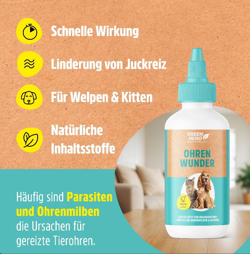 Weiße Flasche mit blauem Verschluss. Aufschrift: GreenHero Ohrenwunder. Illustrationen von Hund und Katze. Text: Für Welpen & Kitten.