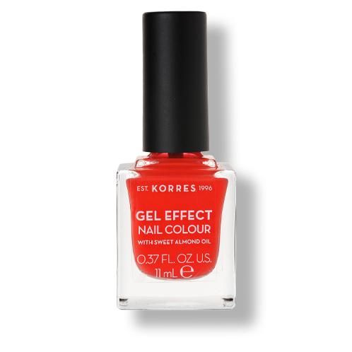 Nagellackflasche mit roter Farbe und schwarzem Deckel. Aufschrift: GEL EFFECT NAIL COLOUR, 0.37 FL. OZ. U.S., 11ml e.
