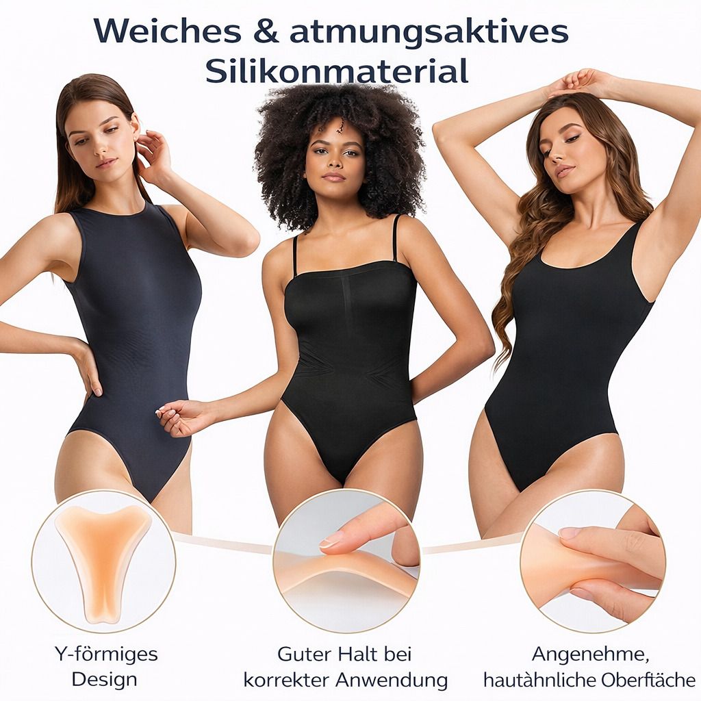 Drei Frauen in Badeanzügen. Y-förmiges Design, guter Halt, hautfreundliche Oberfläche. Gezeigt wird das Produkt in Anwendung.