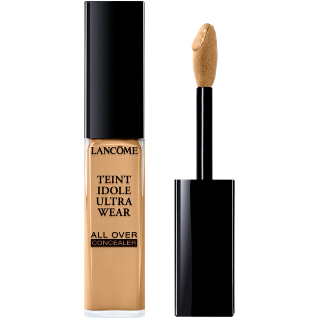 Flüssiger Concealer mit schwarzem Deckel und Applikator. Aufschrift: Lancôme, Teint Idole Ultra Wear, All Over Concealer.