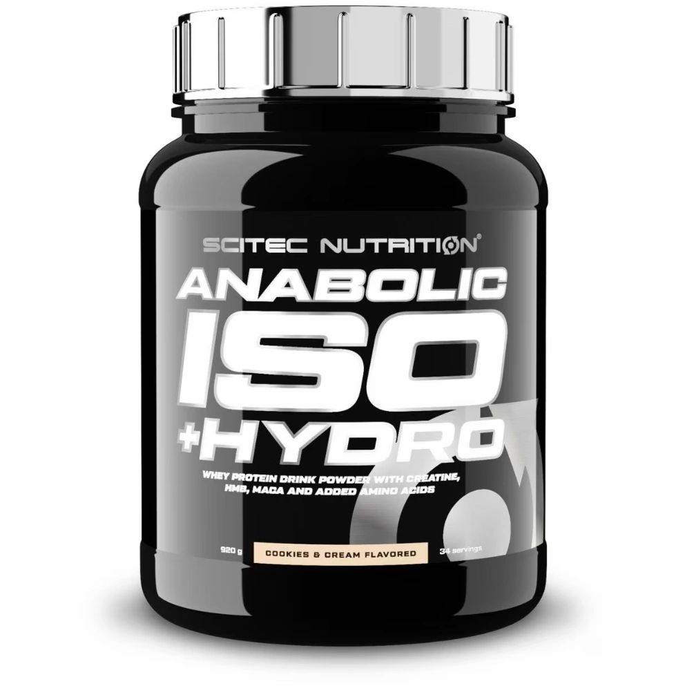 Schwarze Dose Scitec Nutrition Anabolic Iso+Hydro. Deckel silberfarben. Aufschrift: Anabolic Iso+Hydro, Cookies & Cream Flavored.