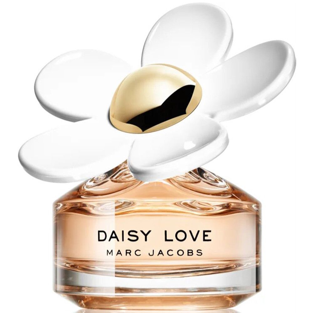 Parfümflakon mit blütenförmigem Deckel. Aufschrift: Daisy Love Marc Jacobs.