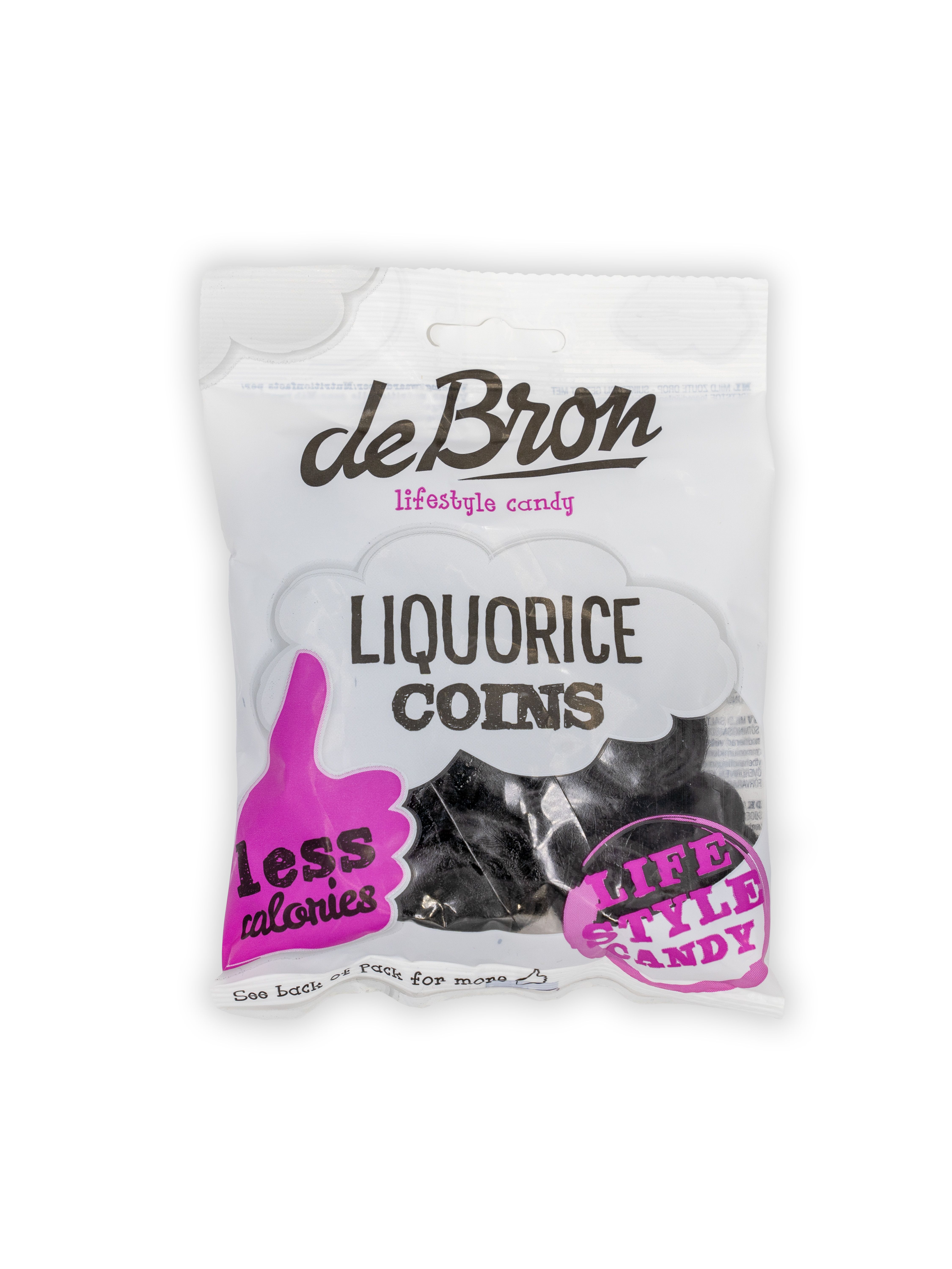 Beutel mit De Bron Lakritz-Münzen. Schwarze Lakritzstücke in transparenter Verpackung. Aufdruck: "less calories".