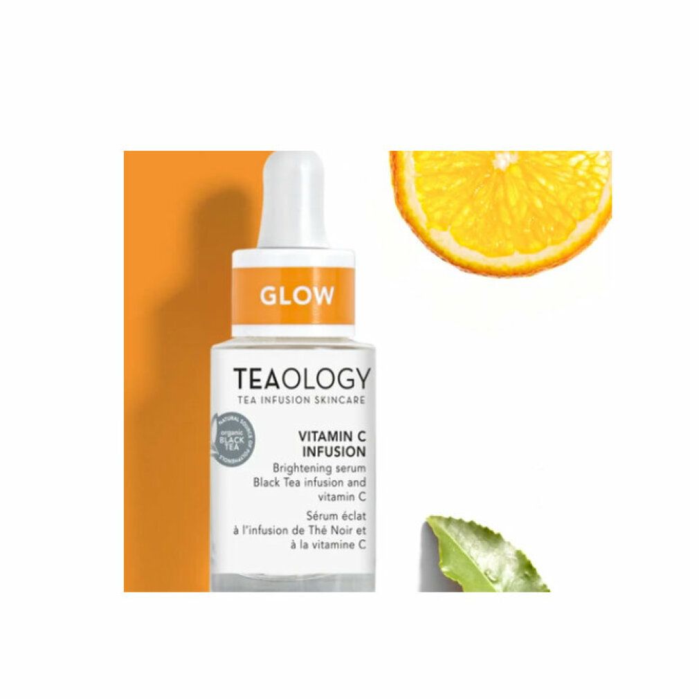 Serumflasche mit Pipette. Aufschrift: Teaology, Vitamin C Infusion, Glow. Mit Orange und Blatt.