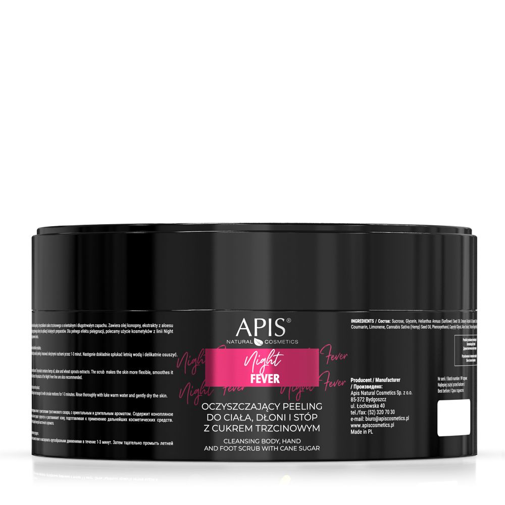 Schwarzer Tiegel mit rosa Etikett. Aufschrift: APIS, Night Fever, Peeling für Körper, Hände und Füße. Text auf Polnisch und Englisch.