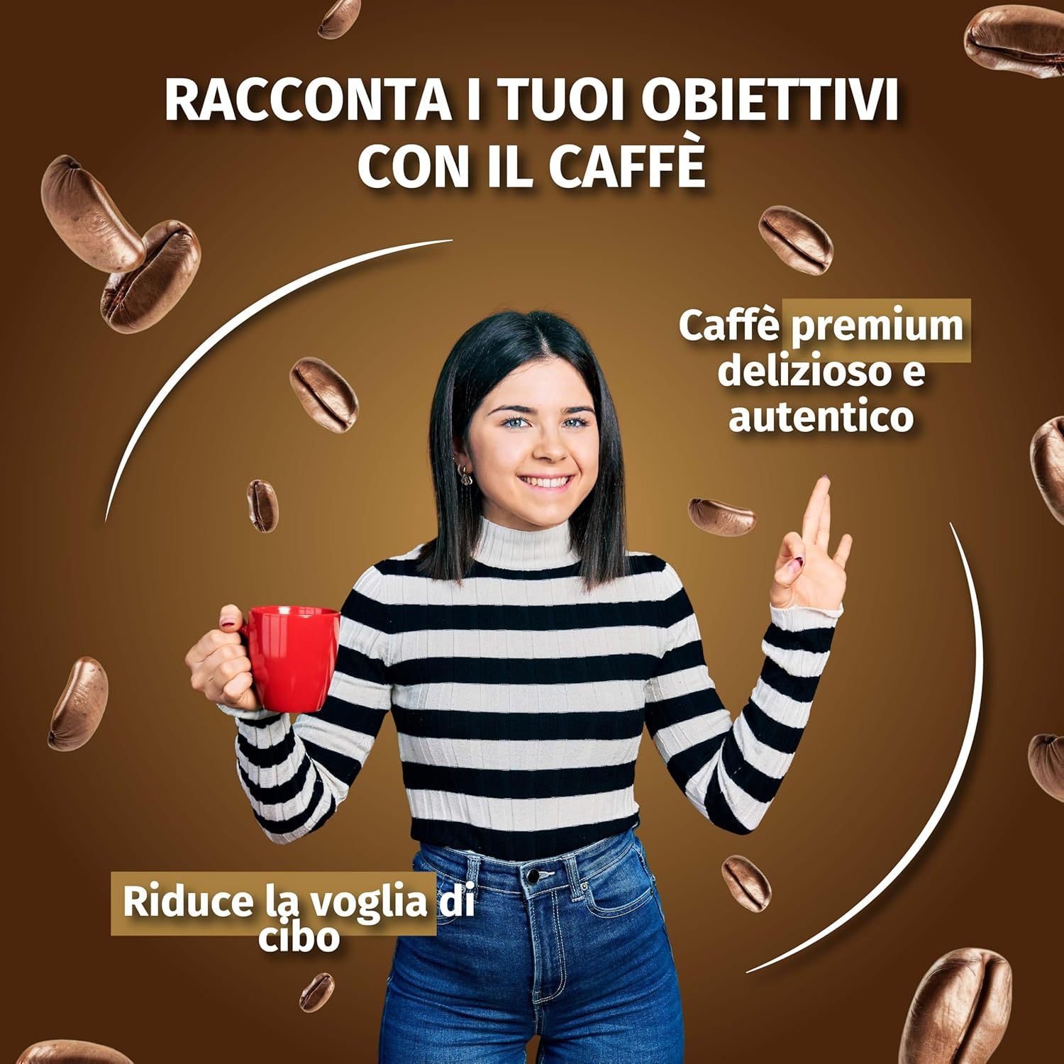 Frau mit roter Tasse. Kaffeebohnen im Hintergrund. Text: Erzählen Sie Ihre Ziele mit Kaffee. Premium-Kaffee, köstlich und authentisch.