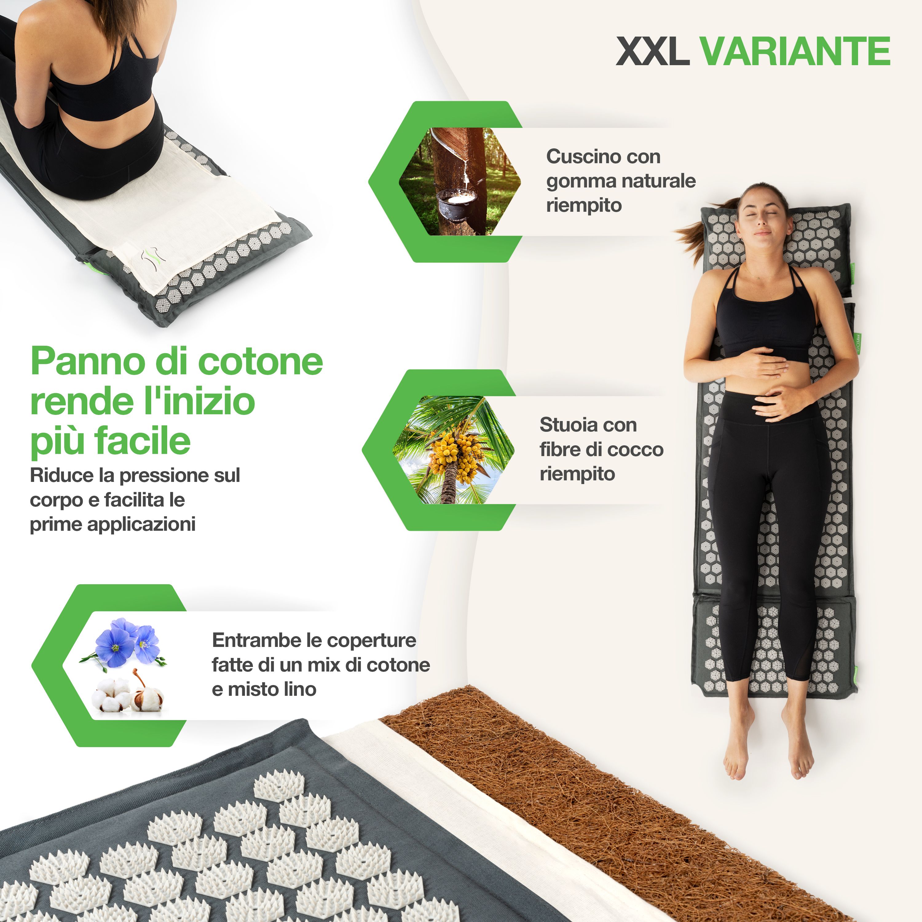 Donna sdraiata su tappetino acupressione. Testo: Variante XXL. Il panno di cotone rende l'inizio più facile. Cuscino riempito con gomma naturale.