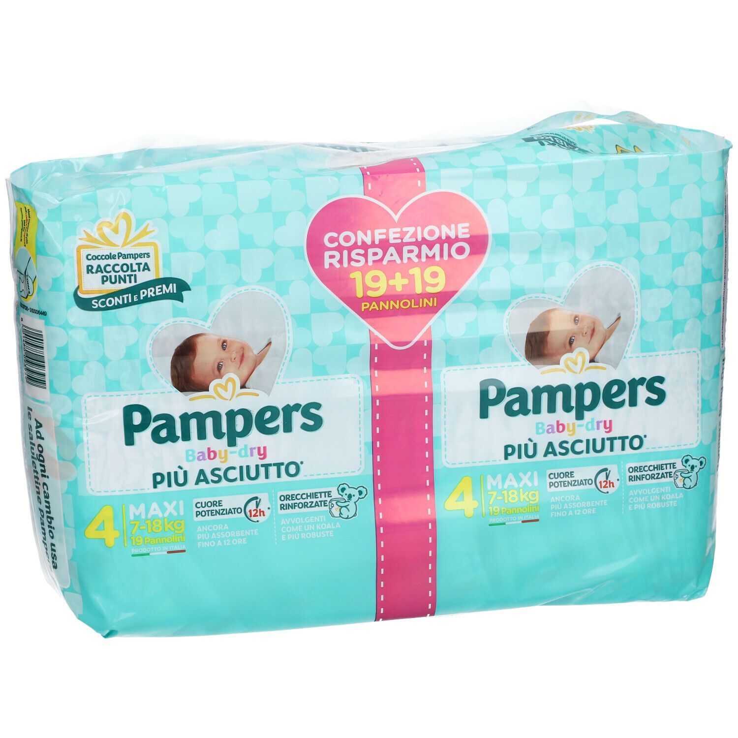 Confezione Pampers Baby Dryduo Max. Imballaggio turchese con cuore rosa. Testo: 19+19, Baby Dry, 4 Maxi.
