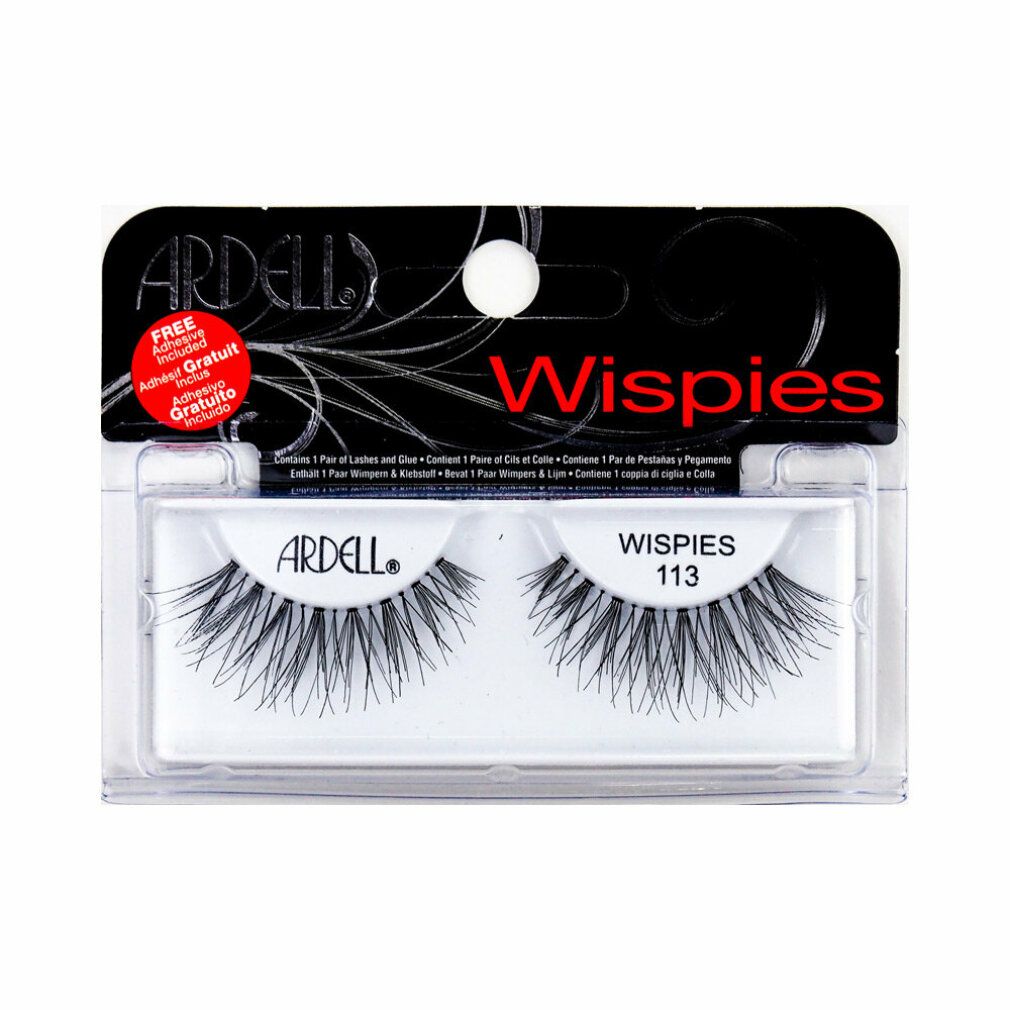 Ardell Wispies 113 Wimpern. Schwarze Kunstwimpern in Verpackung. Enthält Kleber. Leicht, komfortabel, natürliches Haar.