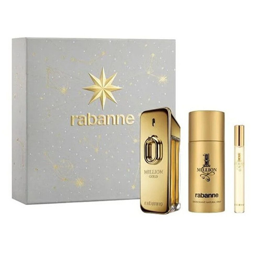 Geschenkset mit goldfarbenem Flakon, Deodorant und Zerstäuber. Graue Schachtel mit Sternmuster und Logo.