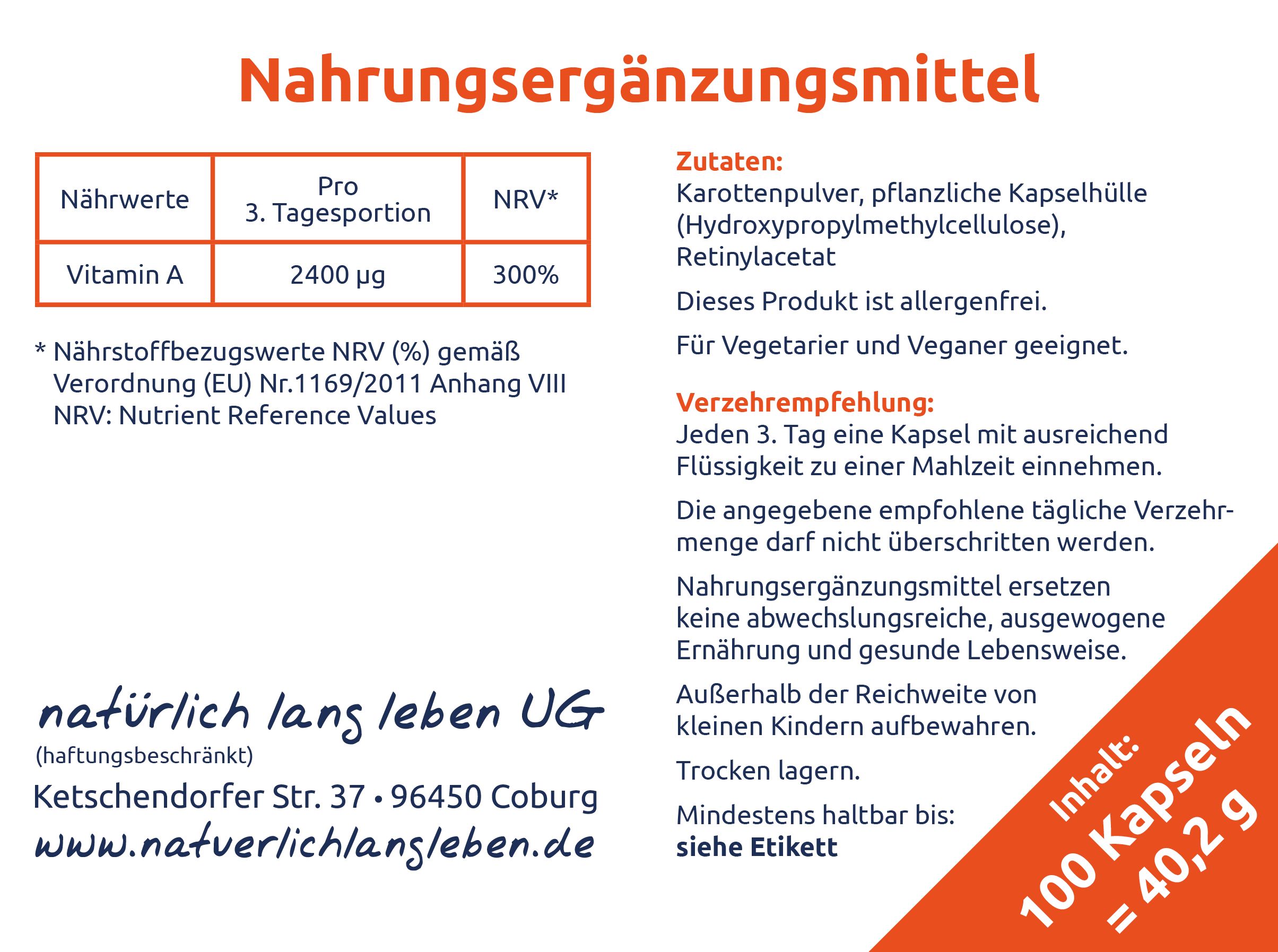 Nahrungsergänzungsmittel-Informationen. Zutaten, Nährwerte, Verzehrempfehlung. Text in deutscher Sprache. 100 Kapseln.