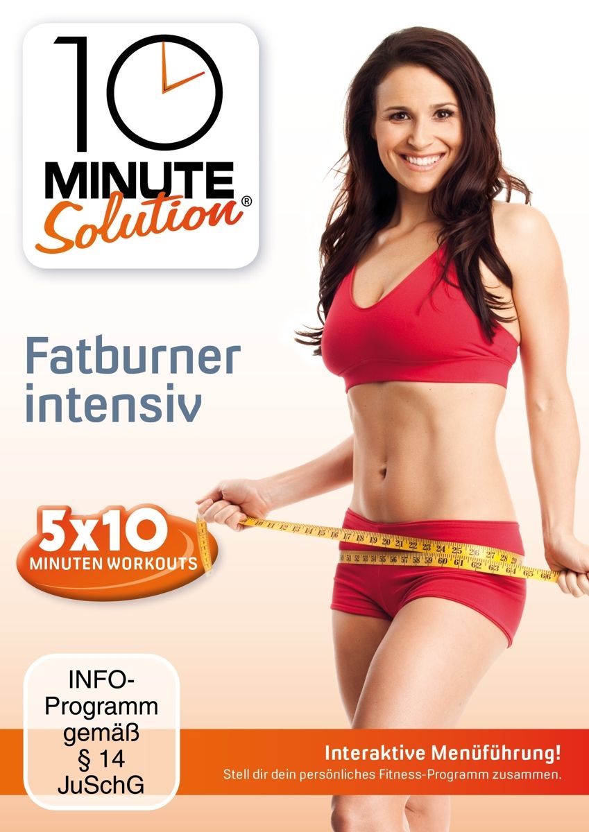 Frau mit Maßband. Produktname: Fatburner Intensiv. Logo: 10 Minute Solution. Text: 5x10 Minuten Workouts, Info-Programm gemäß § 14 JuSchG, Interaktive Menüführung.
