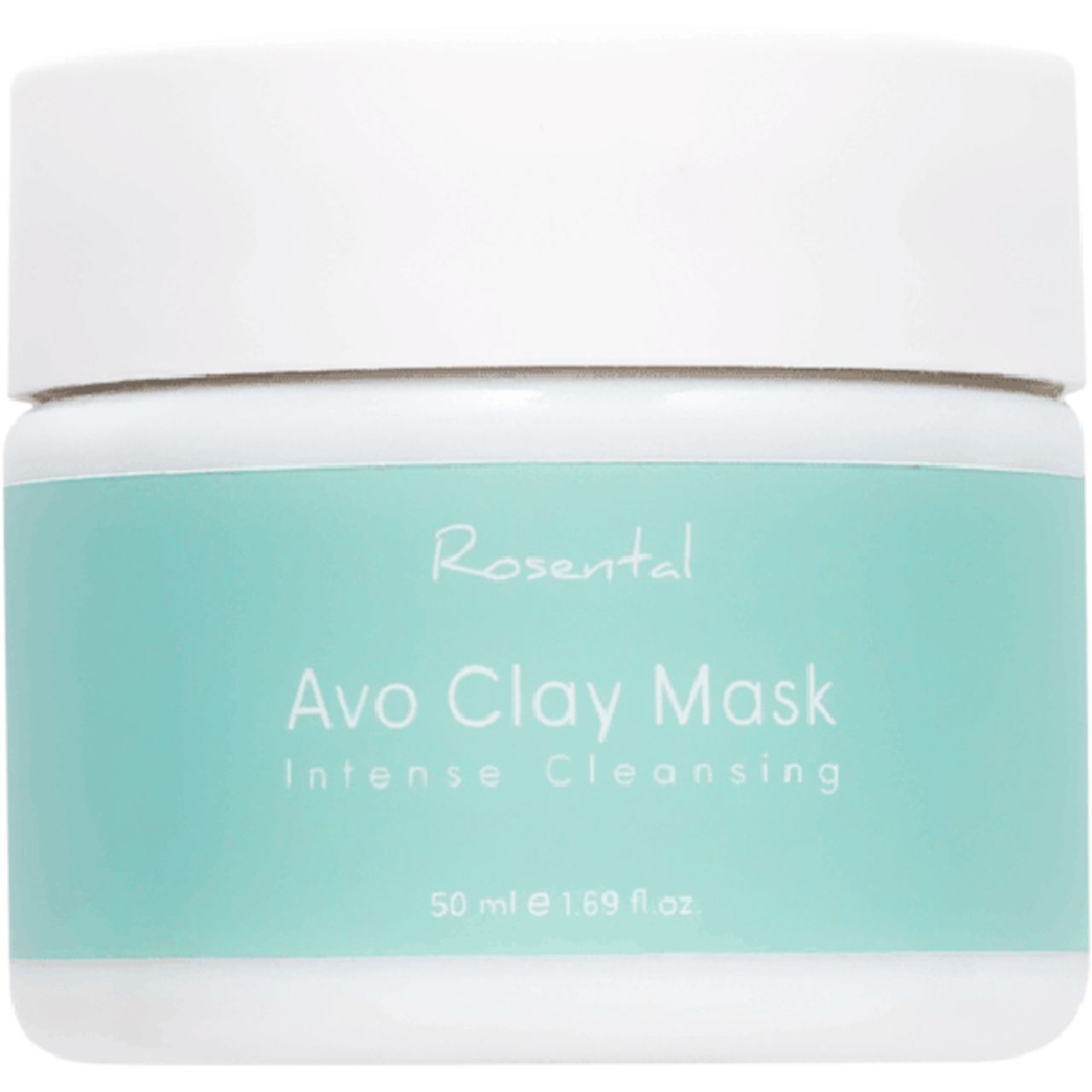 Weißer Tiegel mit türkisfarbenem Etikett. Aufschrift: Rosental Avo Clay Mask, Intense Cleansing. Volumenangabe.
