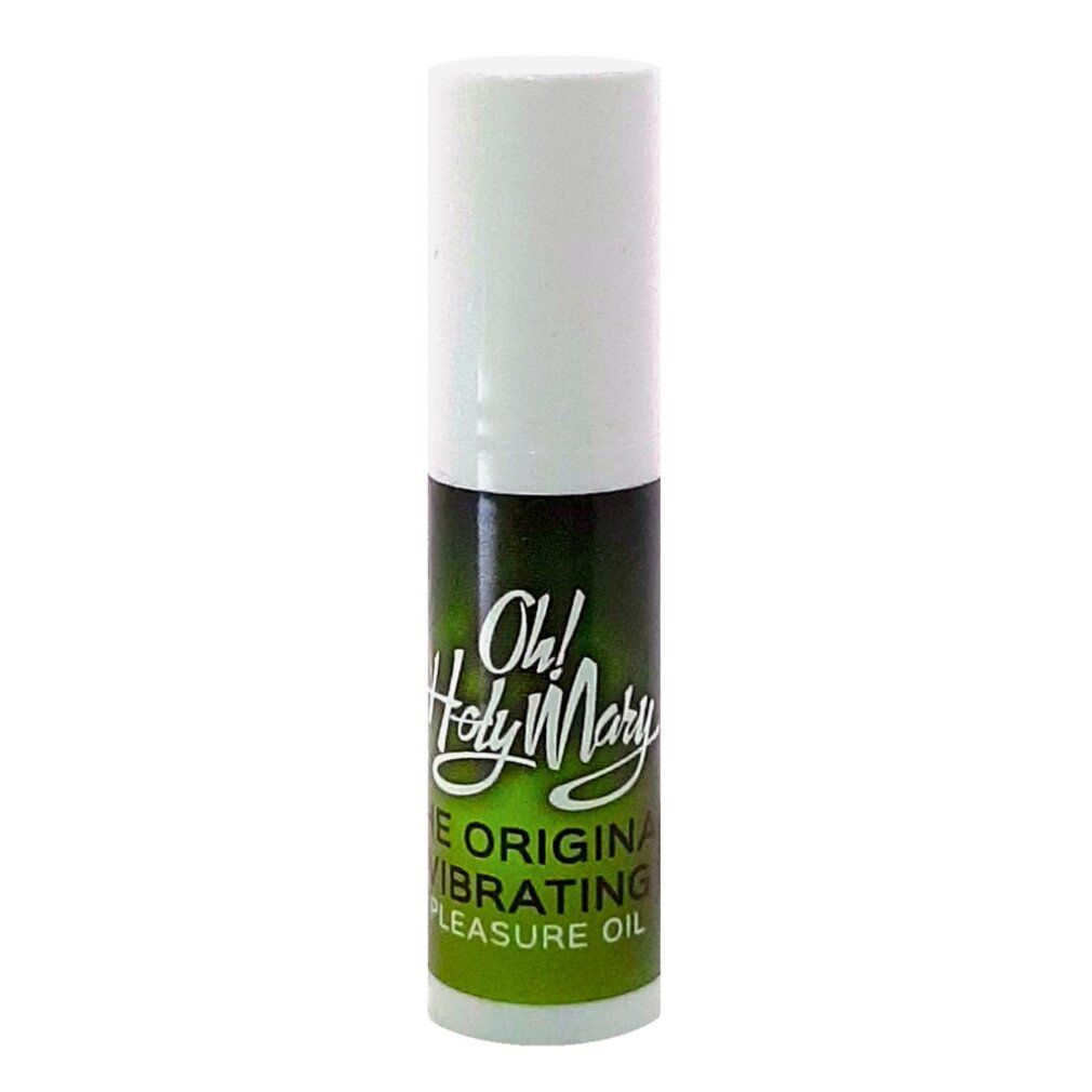 Flasche mit weißem Deckel und grüner Beschriftung. Aufschrift: Oh! Holy Mary. Enthält Öl.