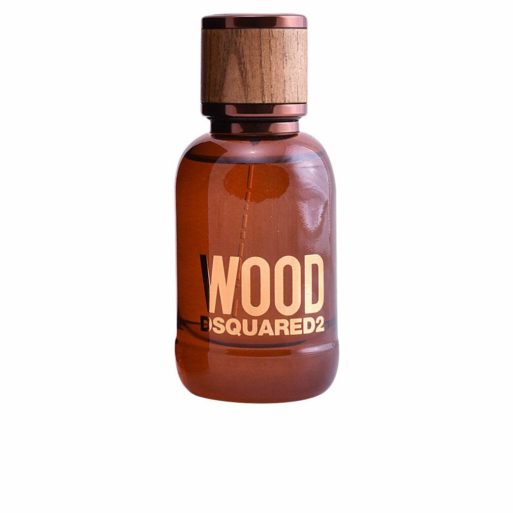 Braune Glasflasche mit Holzdeckel. Aufschrift WOOD DSQUARED2.
