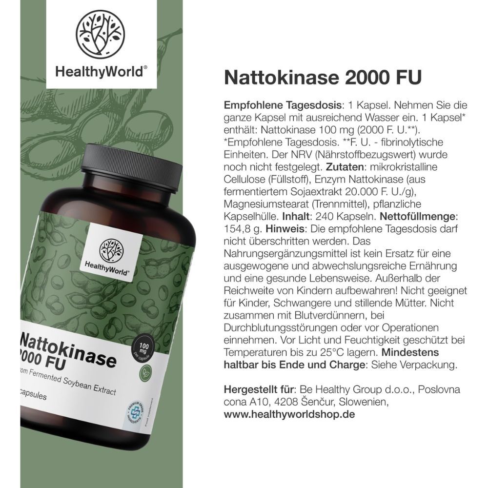 Nattokinase-Flasche mit Produktvorteilen.