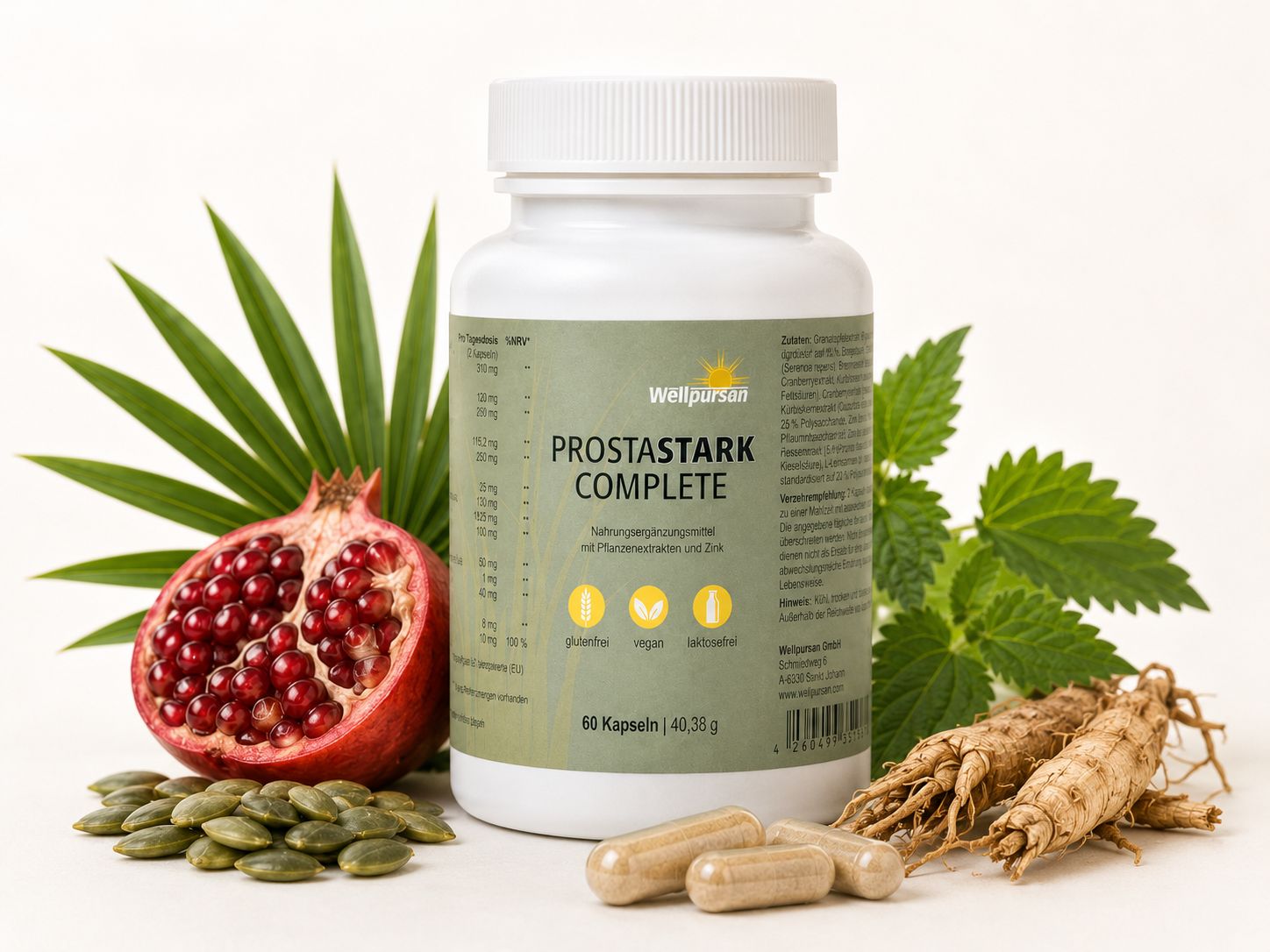 Wellpursan Prostastark Complete Dose mit Granatapfel, Brennnessel, Sägepalme und Kürbiskernen.