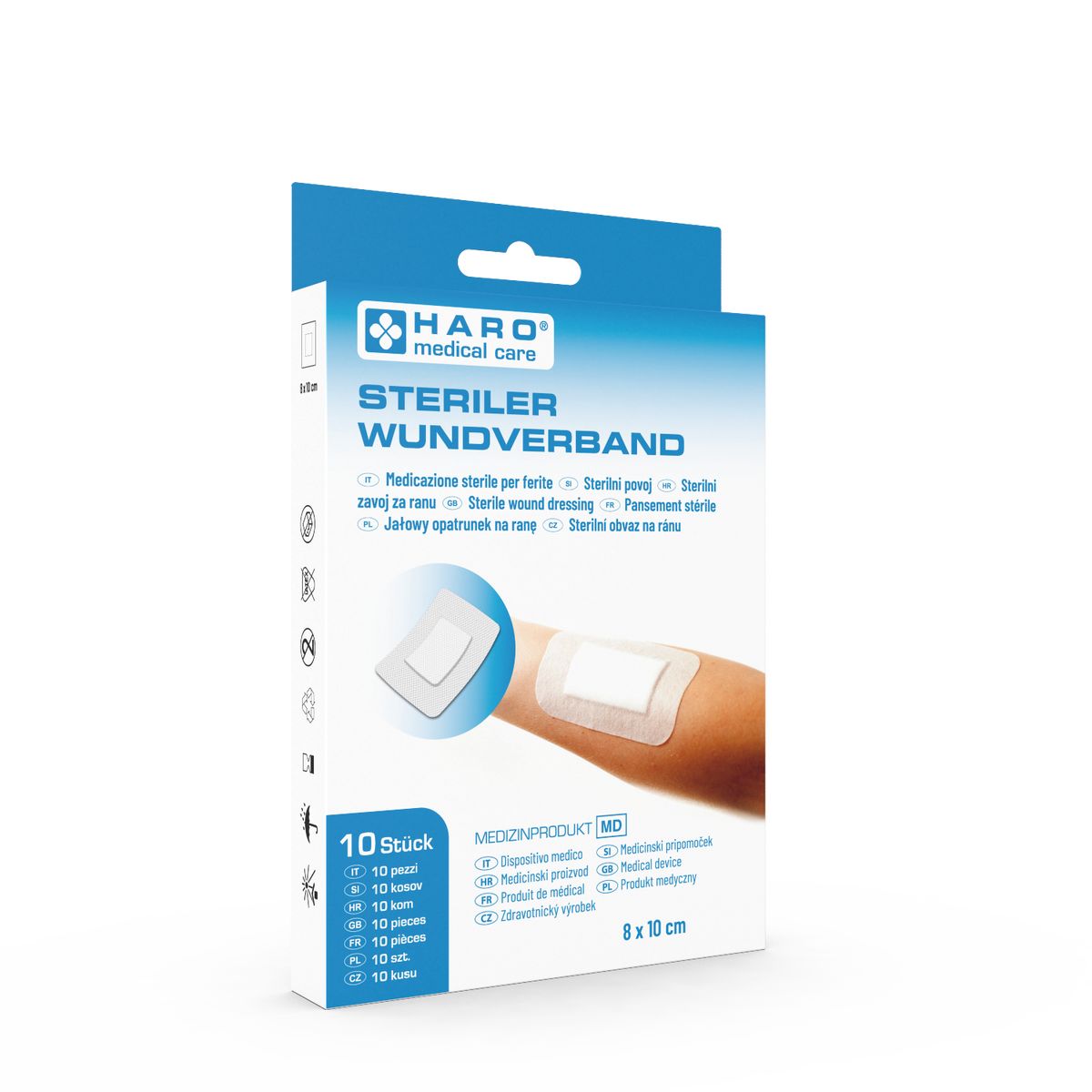 Verpackung mit sterilem Wundverband. Aufdruck: HARO medical care, STERILER WUNDVERBAND, 10 Stück, 8 x 10 cm.