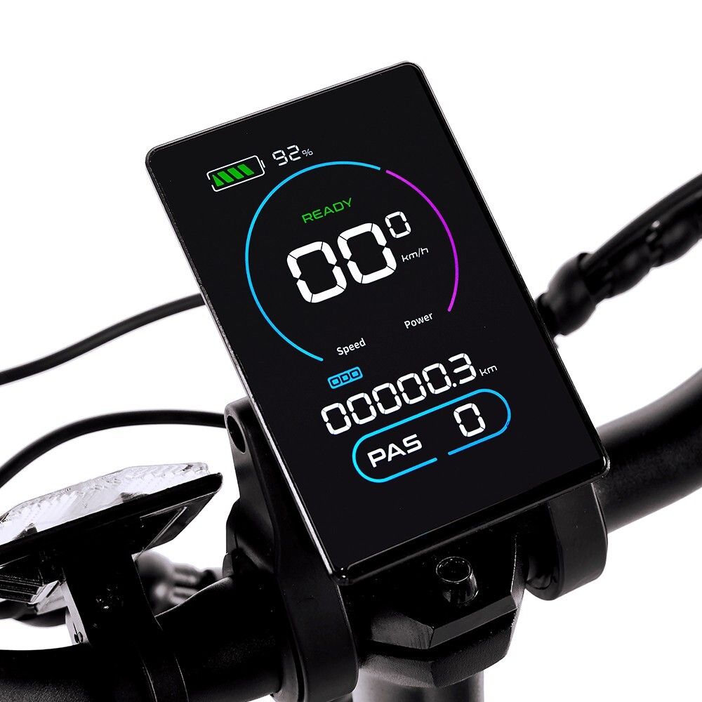 Digitales Display mit Geschwindigkeit, Leistung, Akkuanzeige und weiteren Informationen.