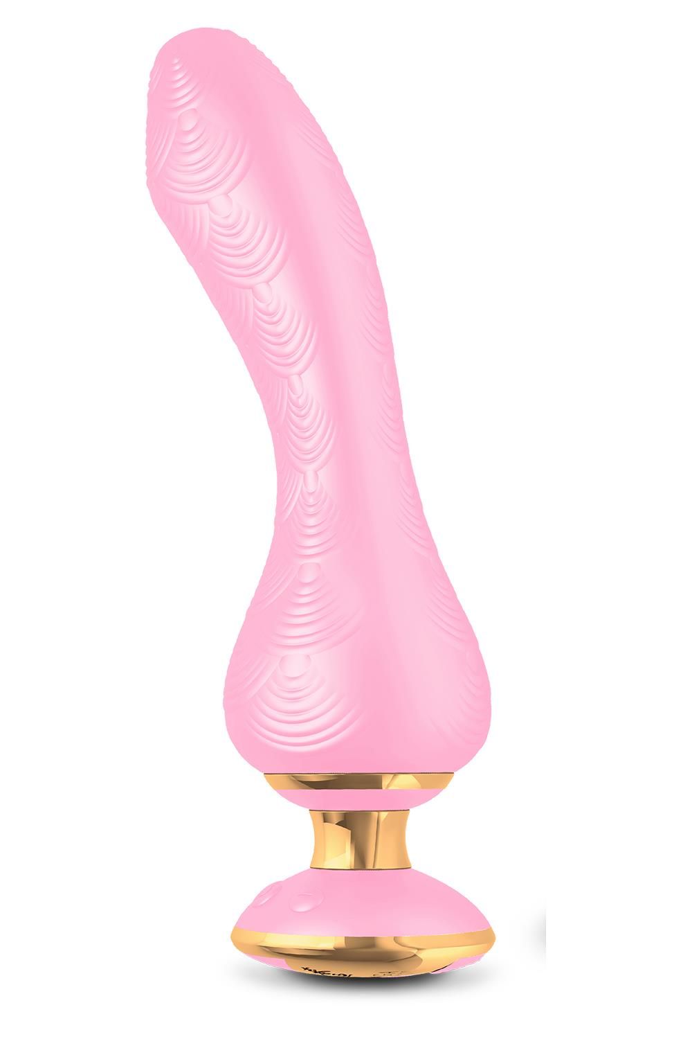 Rosa Intimmassagegerät. Geschwungene Form mit strukturiertem Schaft und goldfarbenem Sockel.