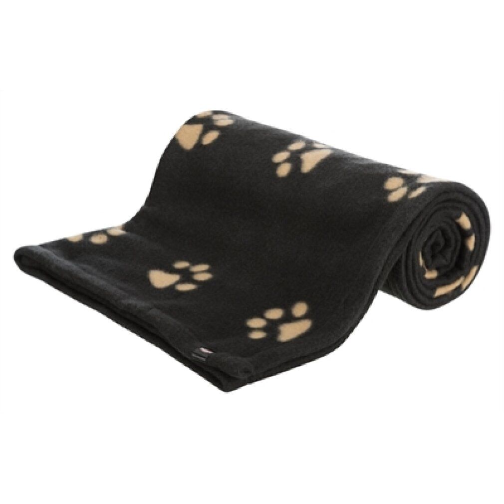 Schwarze Hundedecke mit beigen Pfotenabdrücken, aufgerollt.