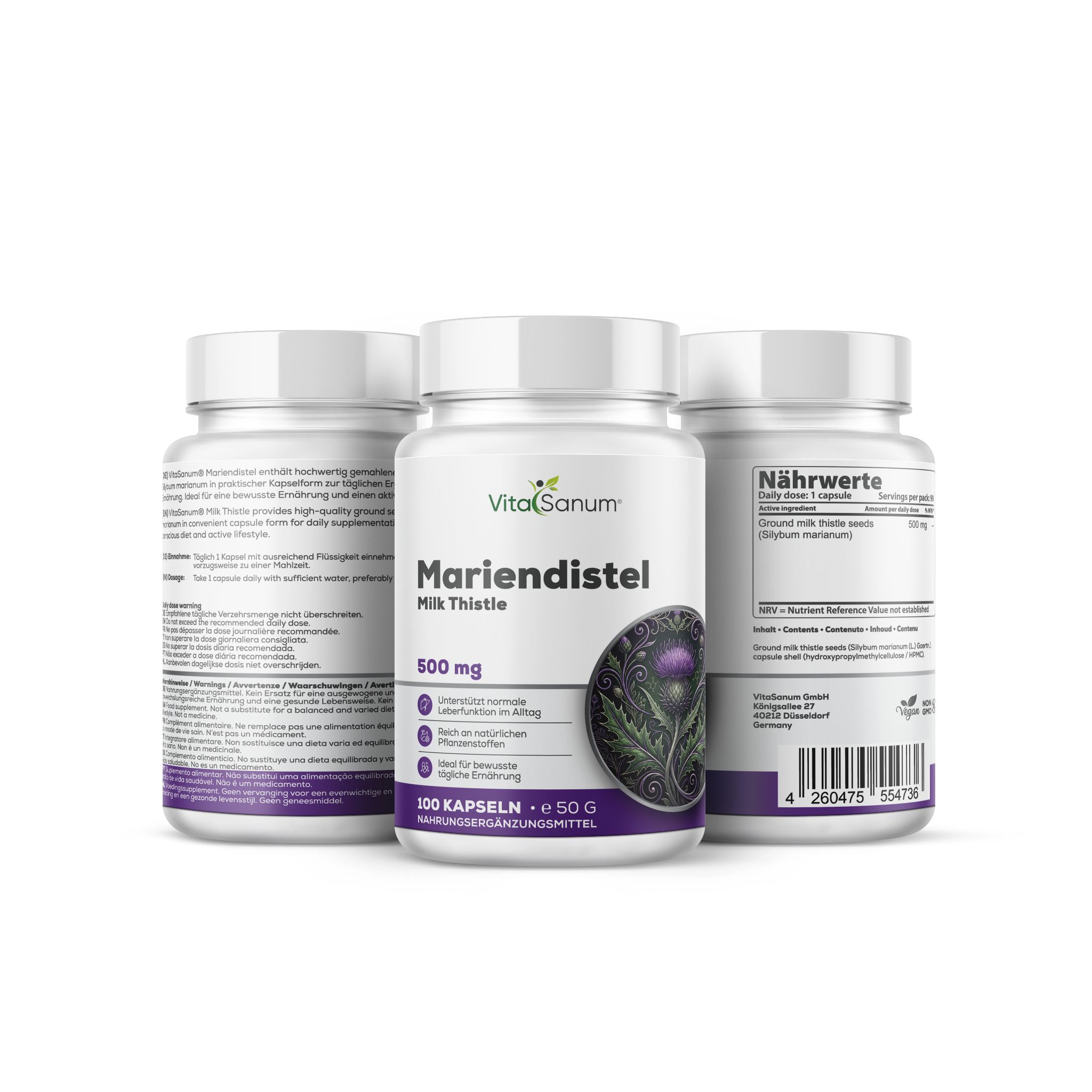 Drei Dosen VitaSanum Mariendistel Kapseln, 500 mg. Weiße Dosen mit detaillierten Etiketten, eine mit Nährwertangaben.