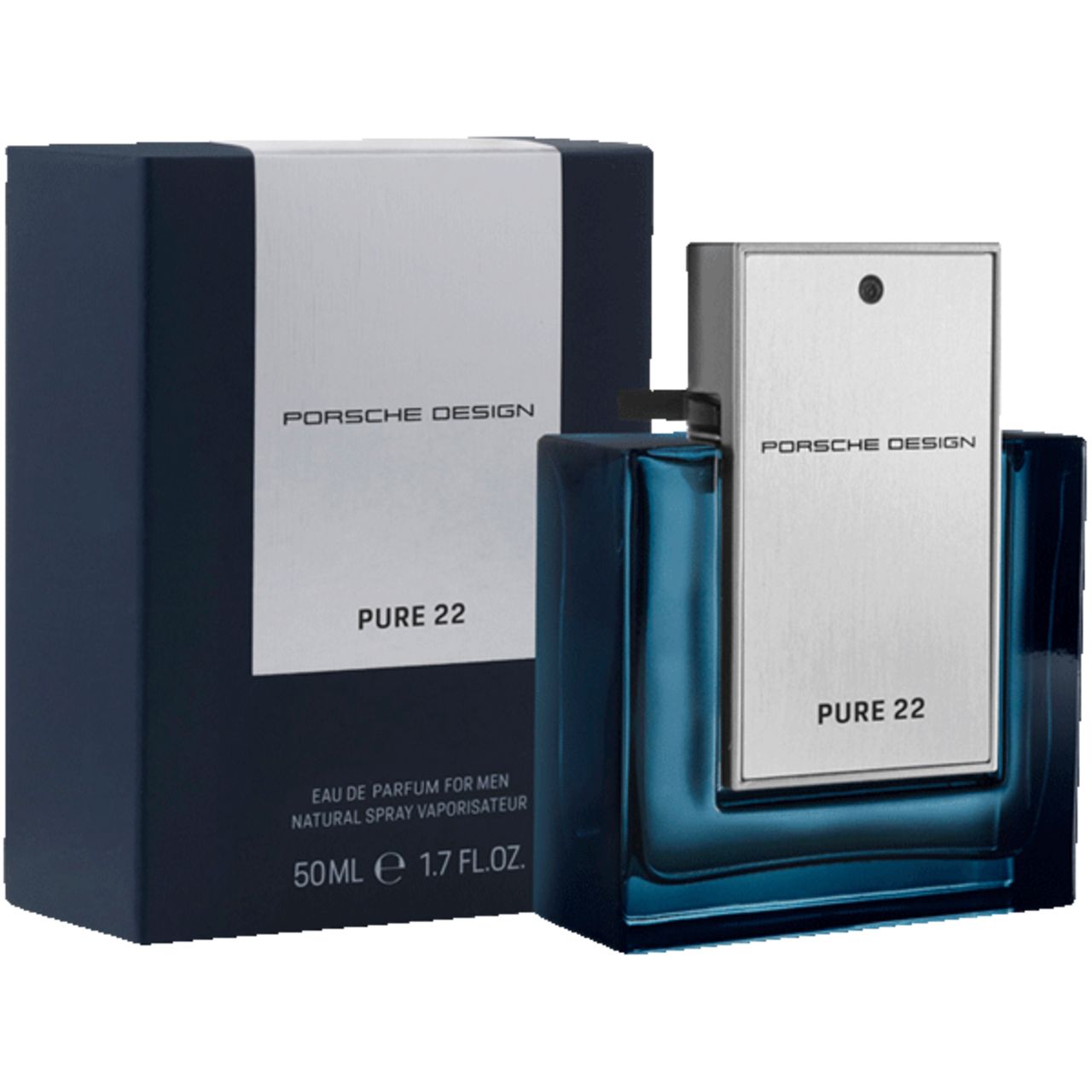 Blaues Parfumflakon mit silbernem Deckel und schwarzer Verpackung. Aufschrift: PORSCHE DESIGN, PURE 22. Flakon und Verpackung stehen nebeneinander.