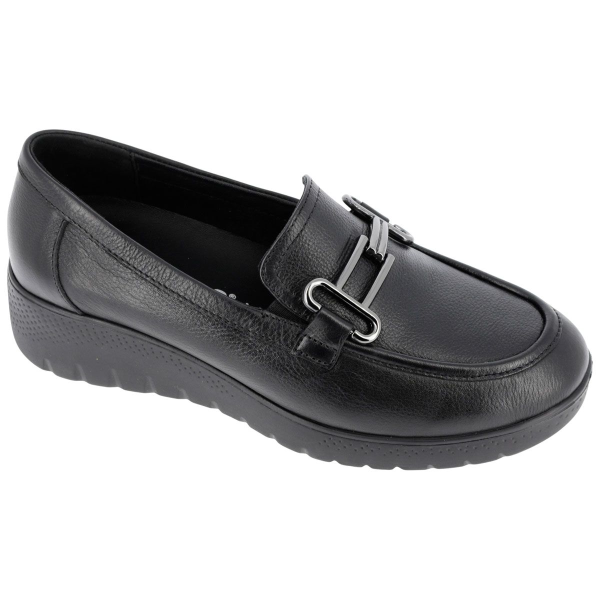 Hergos H8520 - Mocassino donna Comfort in pelle nera con morsetto metallico e plantare estraibile