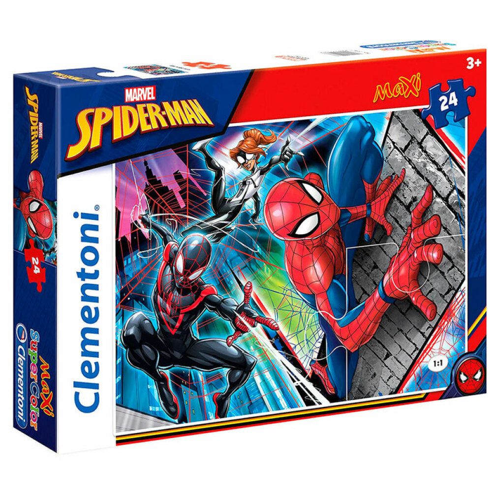Marvel Spiderman Maxi-Puzzle 24 Teile. Verpackung mit Spiderman-Illustrationen. Clementoni-Logo.