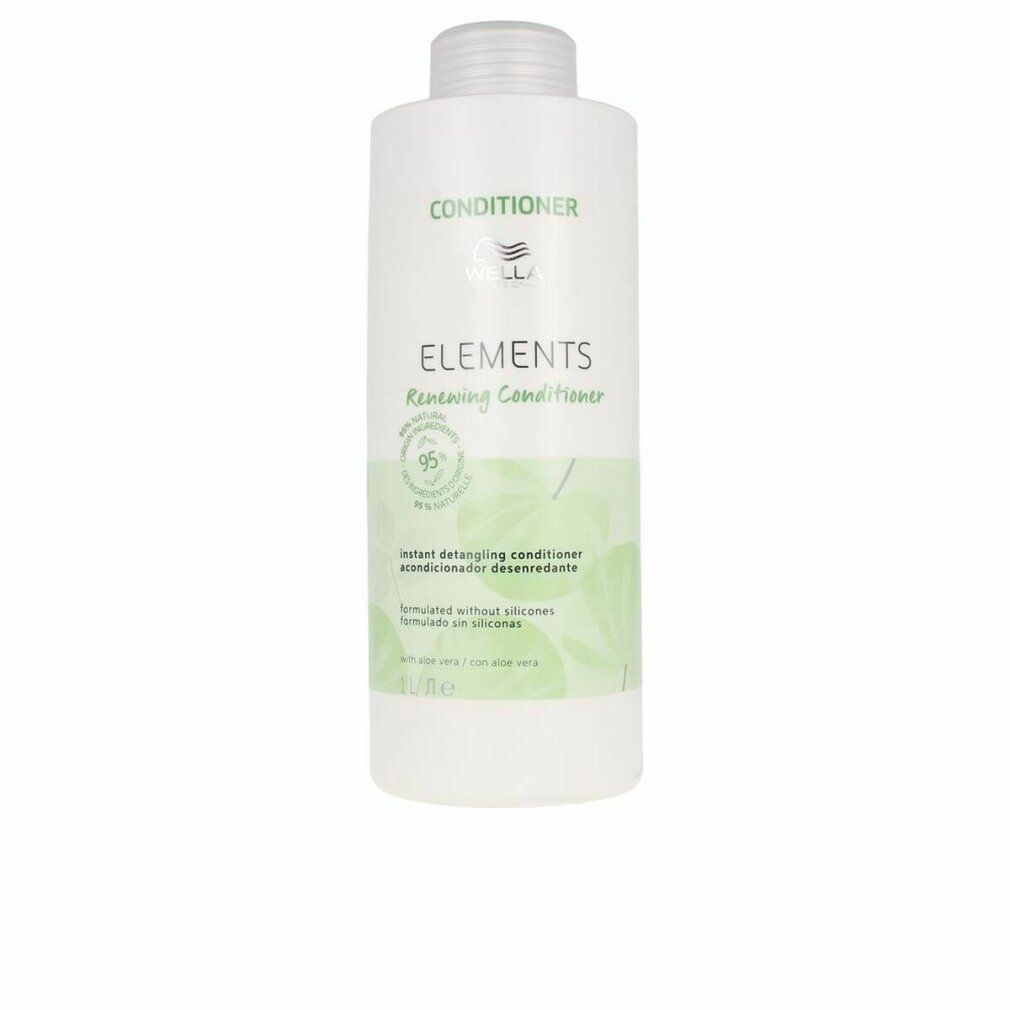 Weiße Flasche mit grünem Etikett. Aufschrift: CONDITIONER, ELEMENTS, Renewing Conditioner. 95% Inhaltsstoffe natürlichen Ursprungs.