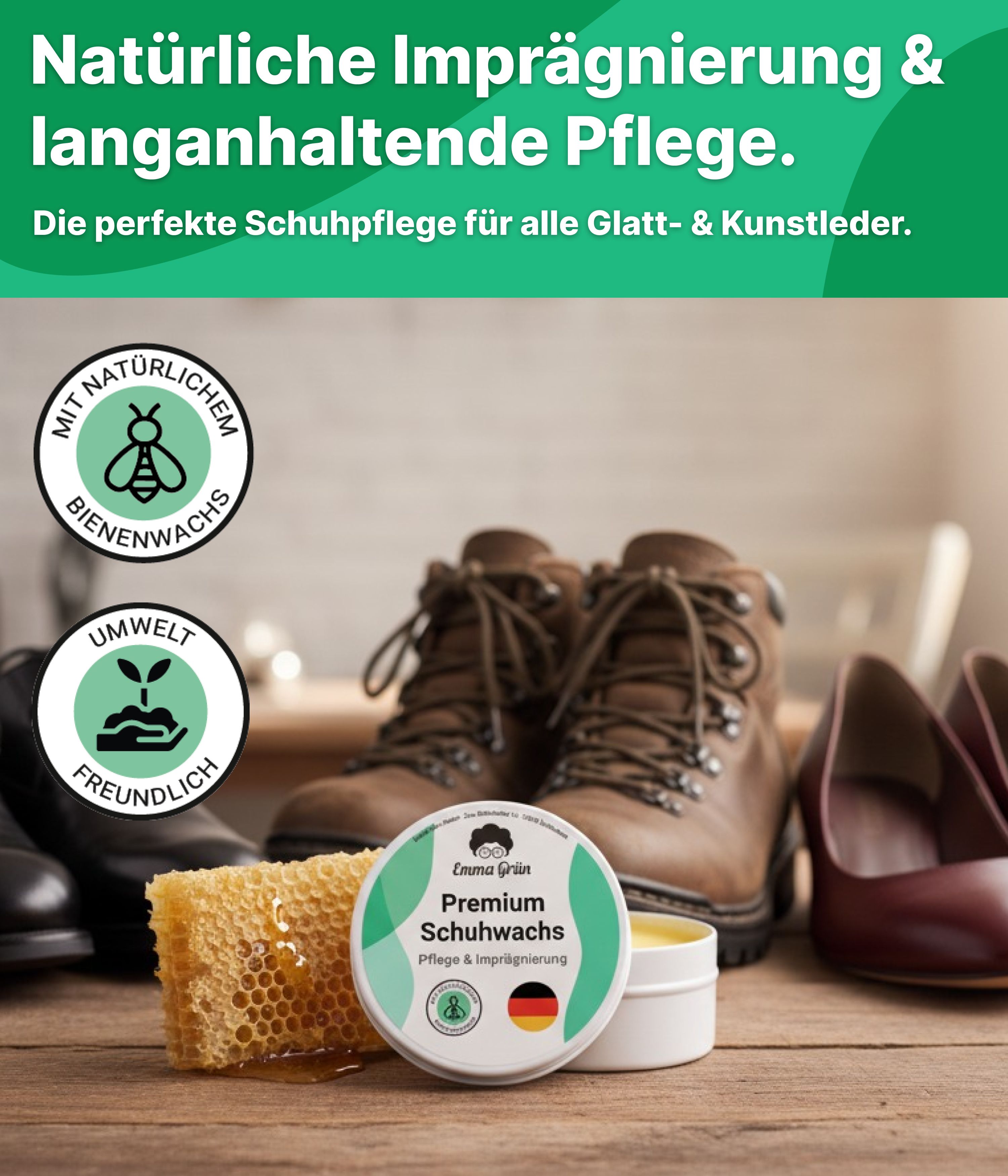 Schuhwachs-Dose, Bienenwabe, Schuhe. Text: Natürliche Imprägnierung & langanhaltende Pflege. Umweltfreundlich. Schuhwachs-Dose.