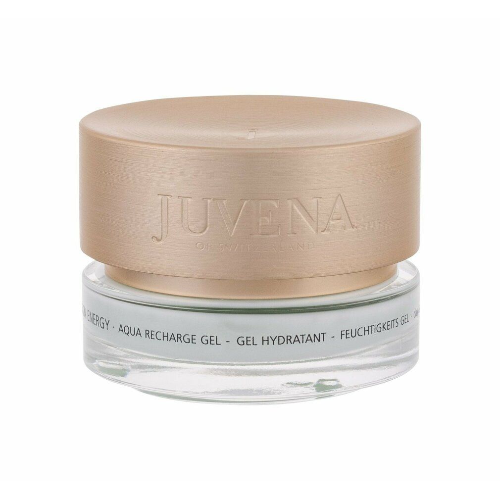 Cremebehälter mit goldfarbenem Deckel. Aufschrift: Juvena of Switzerland. Produktbezeichnung: Aqua Recharge Gel.