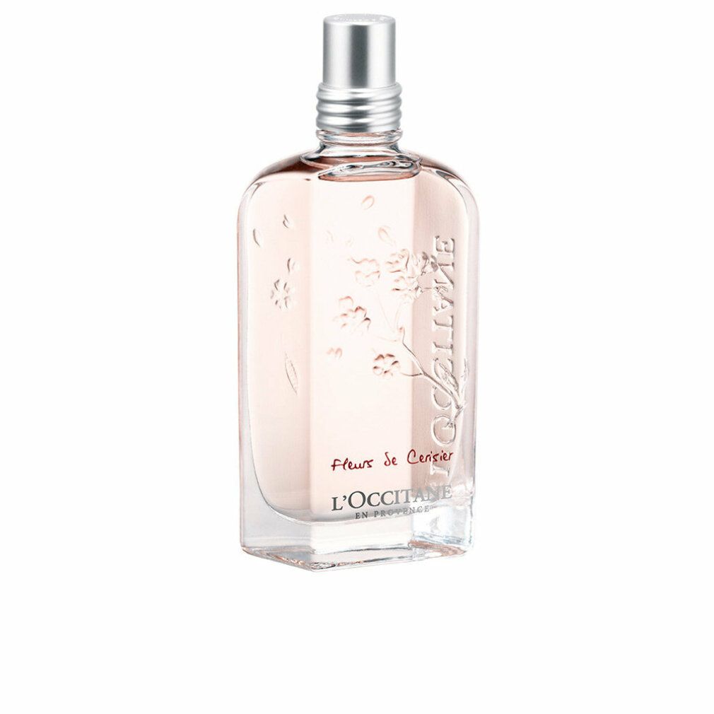 Klarer Flakon mit rosa Flüssigkeit. Silberner Verschluss. Aufschrift: L'Occitane, Fleurs de Cerisier.