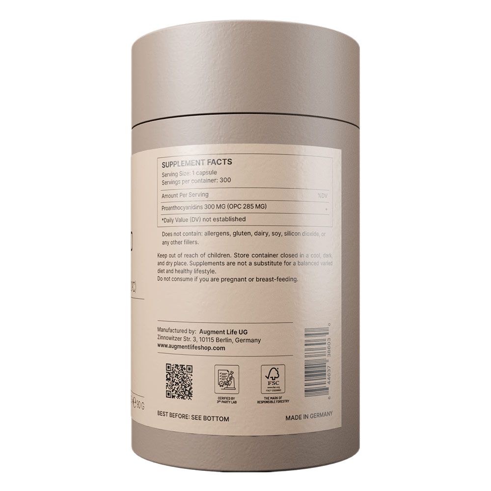 Nährwertangaben auf einer runden Dose: 1 Kapsel pro Portion, 300 Portionen pro Behälter. Enthält 300 mg Pinienrindenextrakt (OPC 285 mg). Frei von Allergenen, Gluten, Soja, Silikon. Hergestellt von Augment Life UG in Berlin, Deutschland.