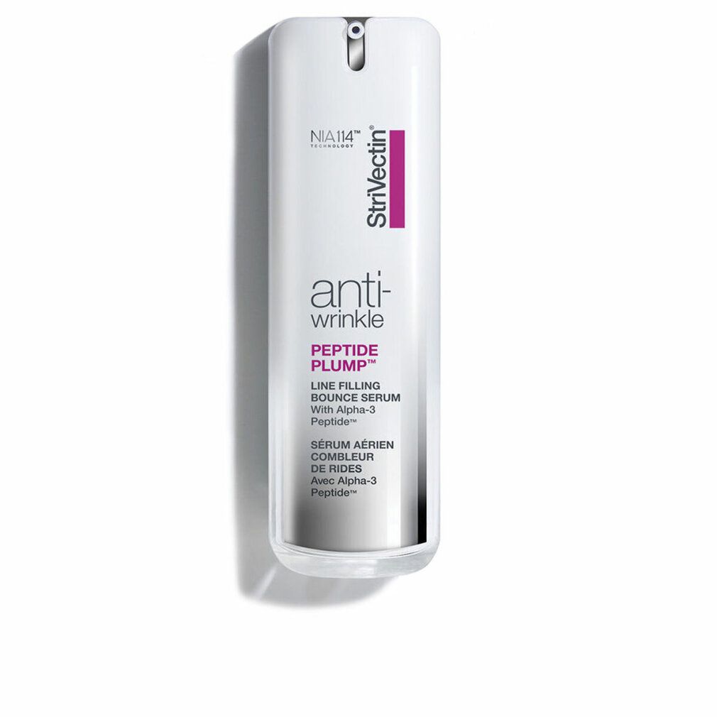 Weißes Serum mit Sprühkopf. Aufschrift: anti-wrinkle, PEPTIDE PLUMP, Strivectin. Lila Akzent. Flasche steht.