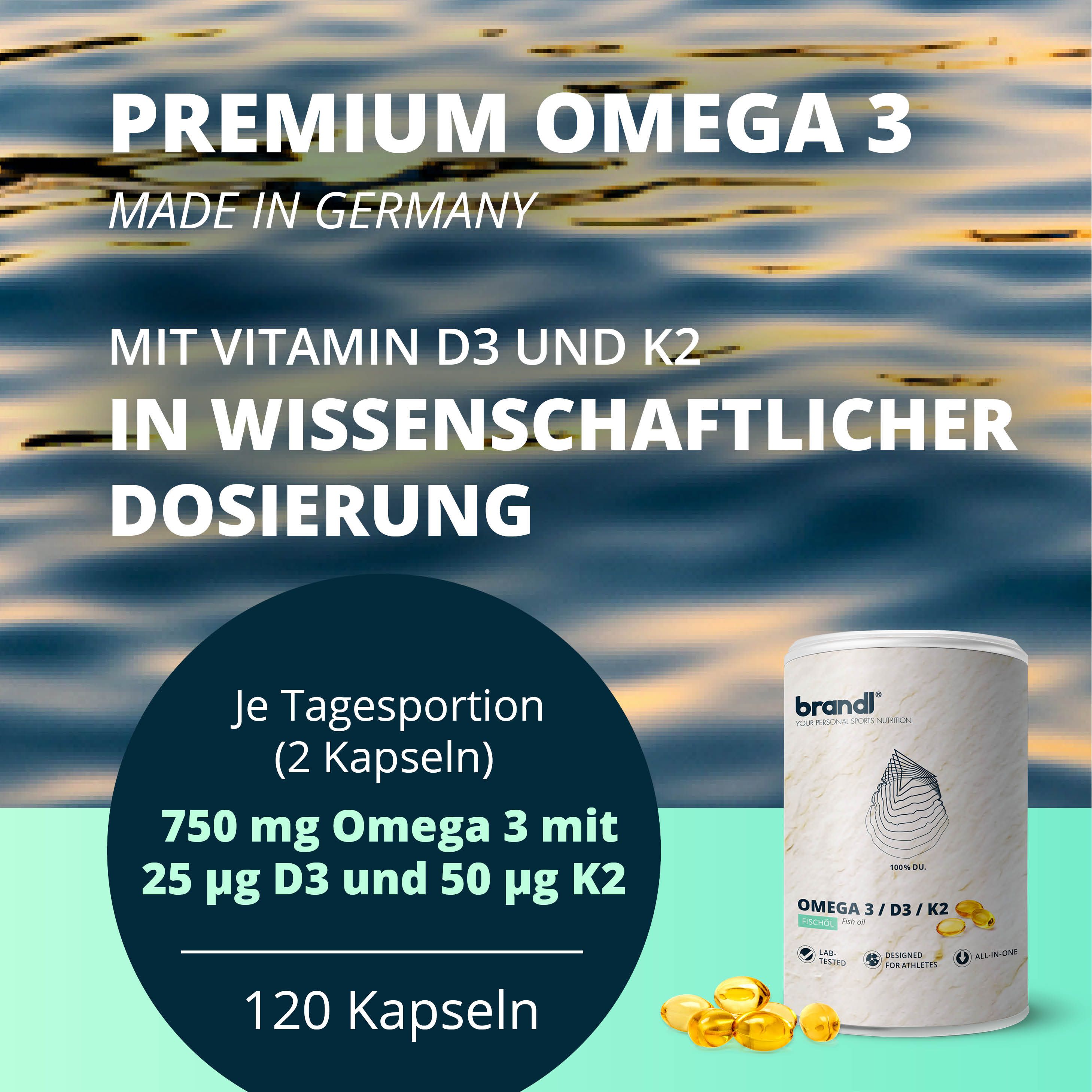 brandl® Omega 3 D3 K2 aus Fischöl | EPA DHA im 2:1 Verhältnis 120 St Kapseln