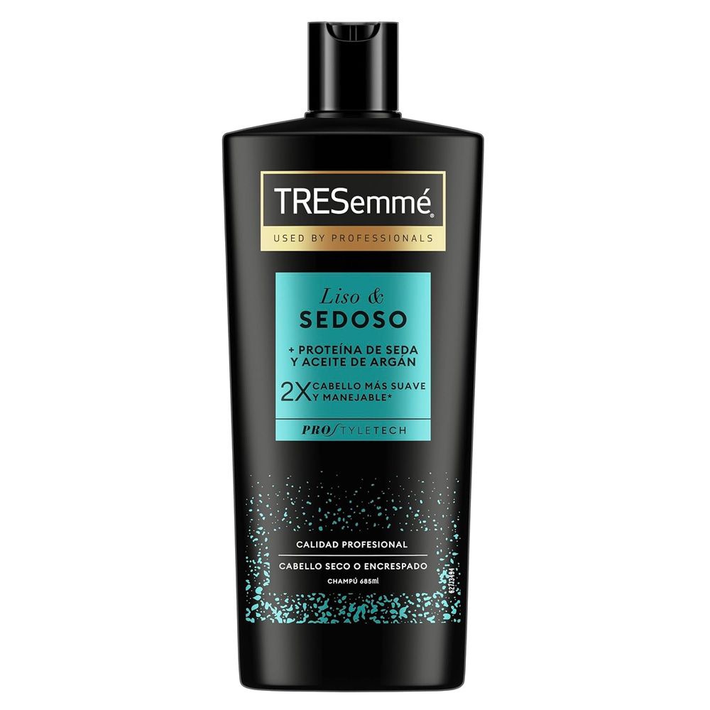 Schwarze TRESemmé Shampoo-Flasche. Aufschrift: Liso & Sedoso, Protein de Seda y Aceite de Argán. Für trockenes oder krauses Haar.
